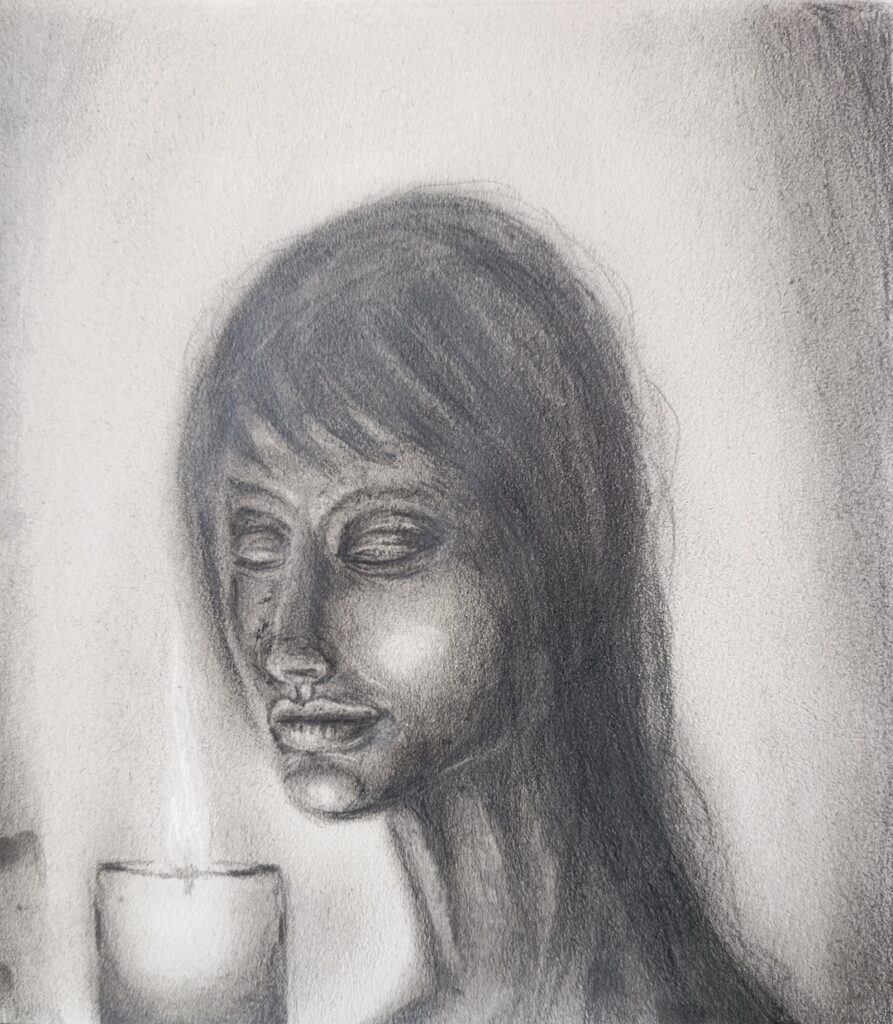 Dessin original au graphite sur papier d'un portrait féminin éclairé par une bougie, illustrant le poème "Dans le fondu de ma vie". Œuvre de Plume à cœur vif sur l'introspection, la résilience et la lumière dans l'ombre.